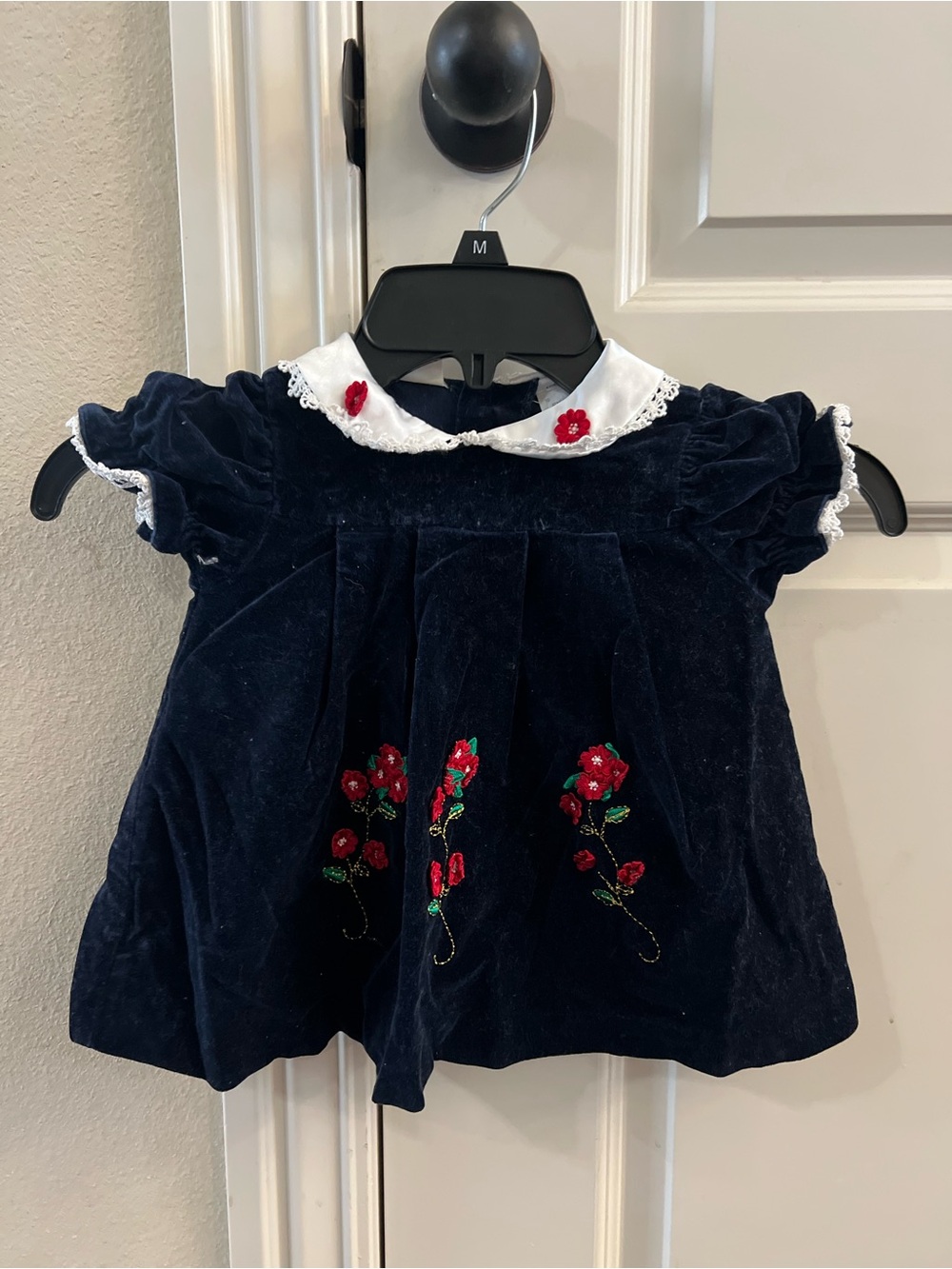 Vintage Navy Velvet Girls' Dress with Floral Embroidery